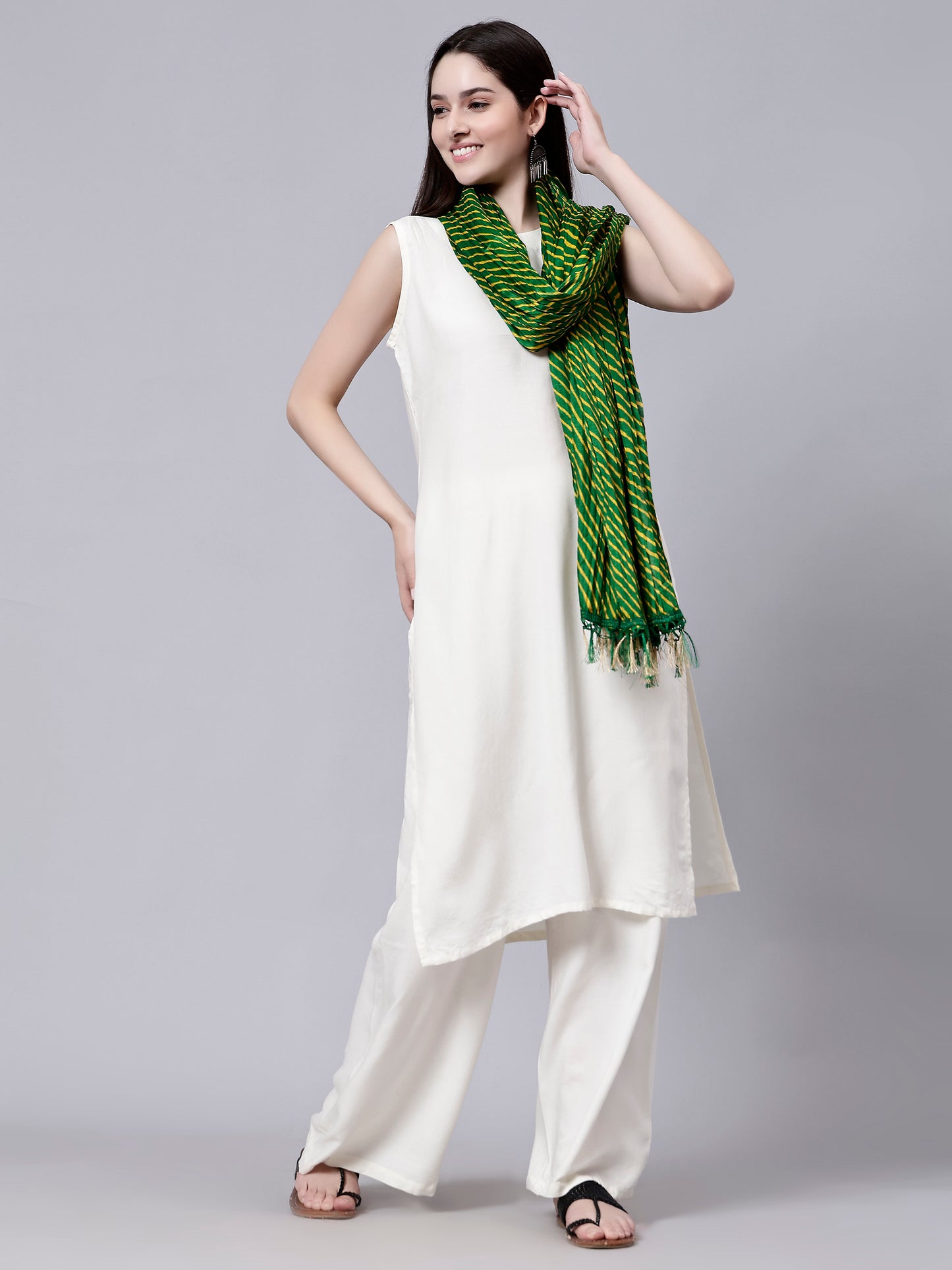 Green Ethnic Printed Cotton Striped Dupatta with Tasseled Border