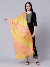 Orange Multicolor Ethnic Printed Striped Cotton Dupatta with Tasseled Border