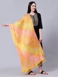 Orange Multicolor Ethnic Printed Striped Cotton Dupatta with Tasseled Border