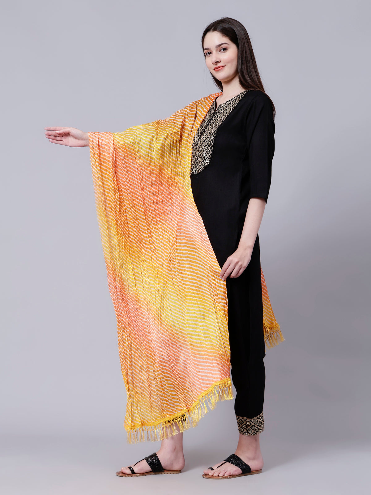 Orange Multicolor Ethnic Printed Striped Cotton Dupatta with Tasseled Border