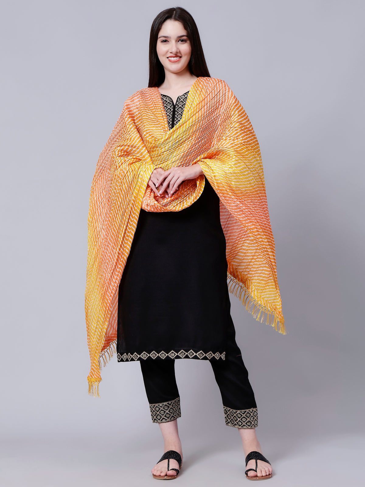 Orange Multicolor Ethnic Printed Striped Cotton Dupatta with Tasseled Border