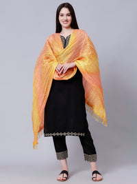 Orange Multicolor Ethnic Printed Striped Cotton Dupatta with Tasseled Border