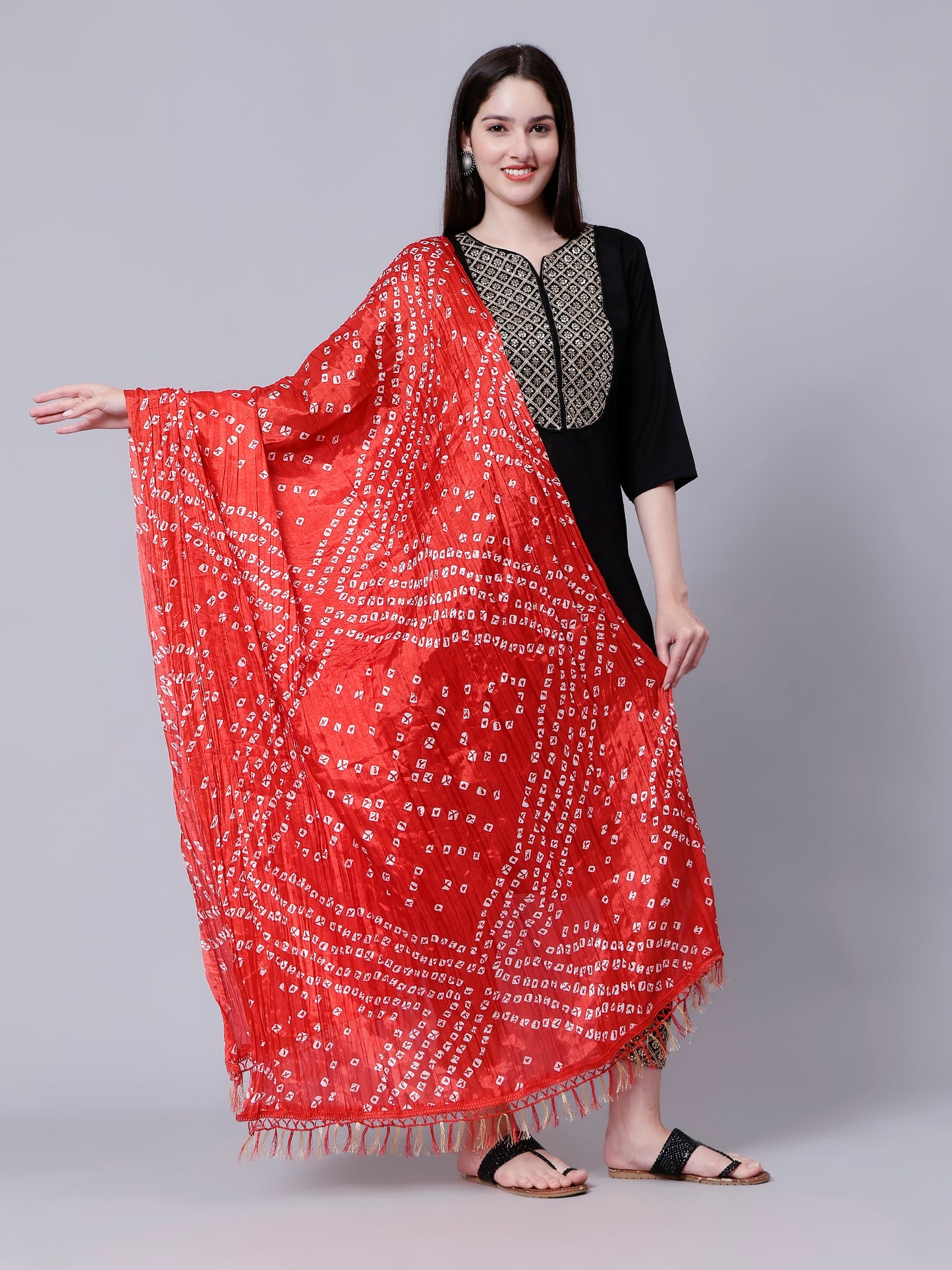 Jaipuri Red Bandhani Printed Dupatta with Tasseled Border