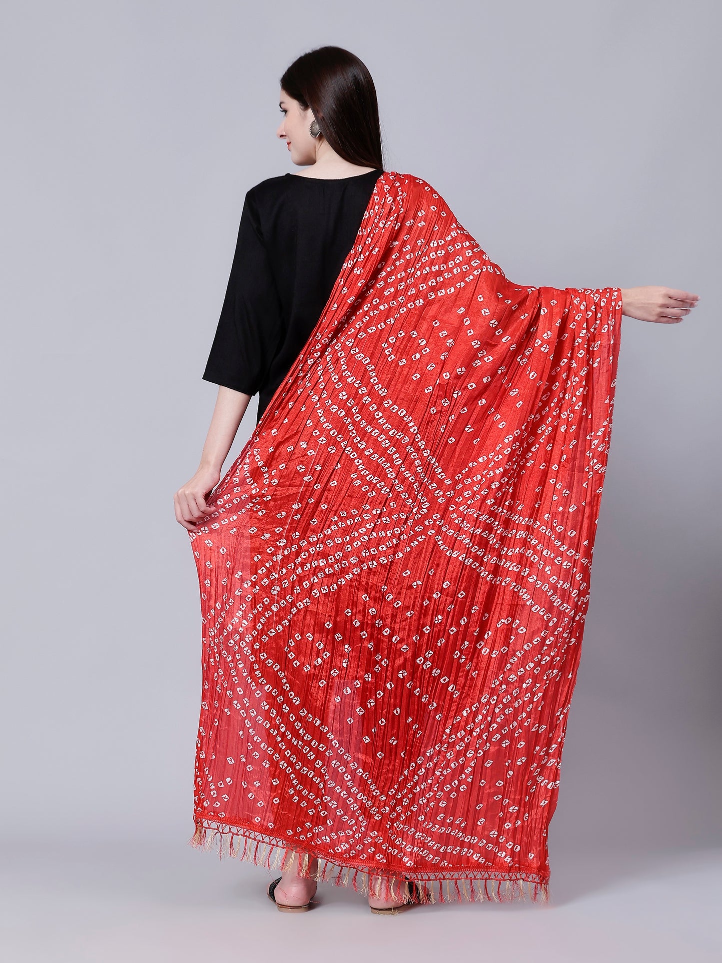 Jaipuri Red Bandhani Printed Dupatta with Tasseled Border