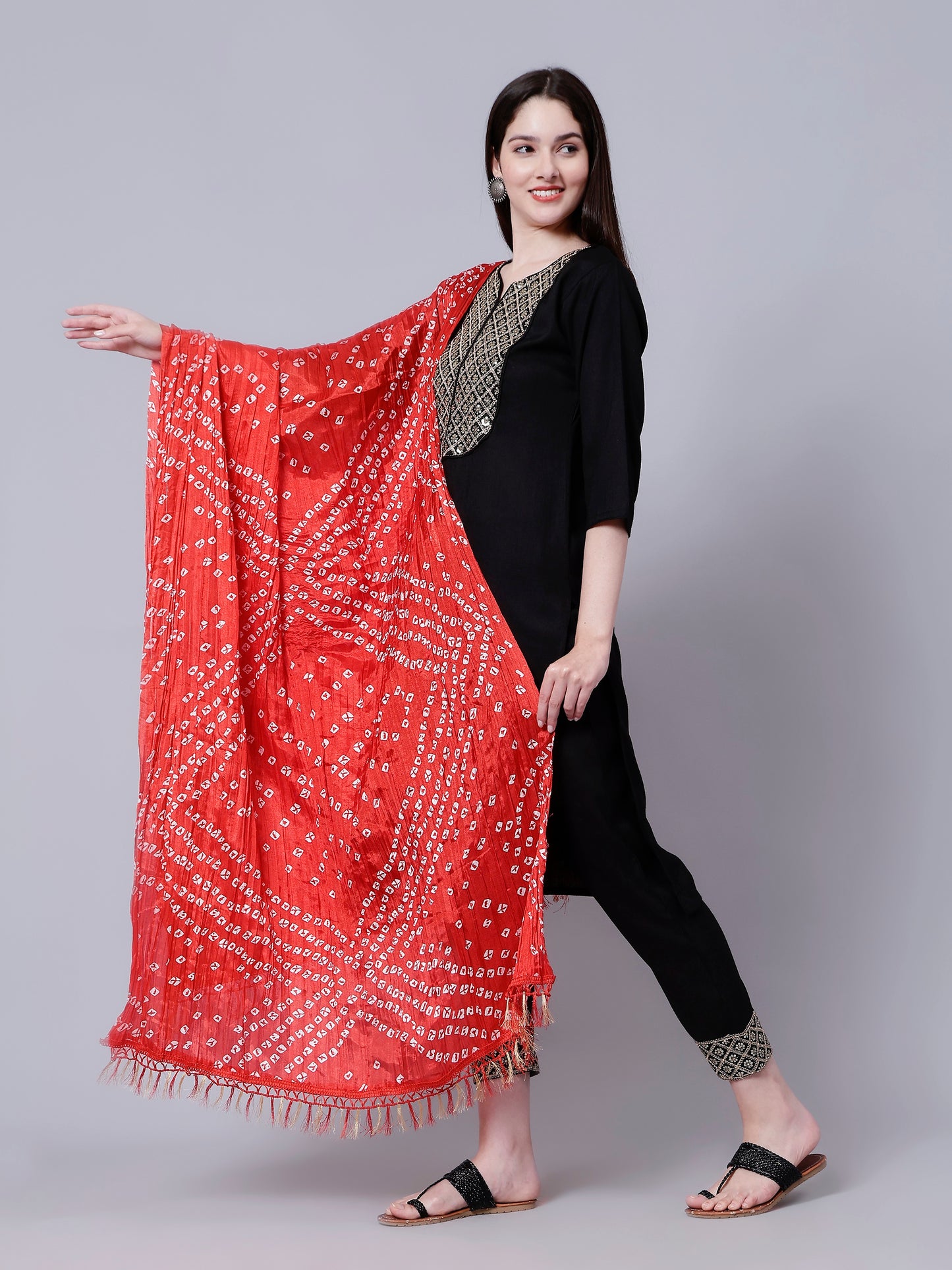 Jaipuri Red Bandhani Printed Dupatta with Tasseled Border
