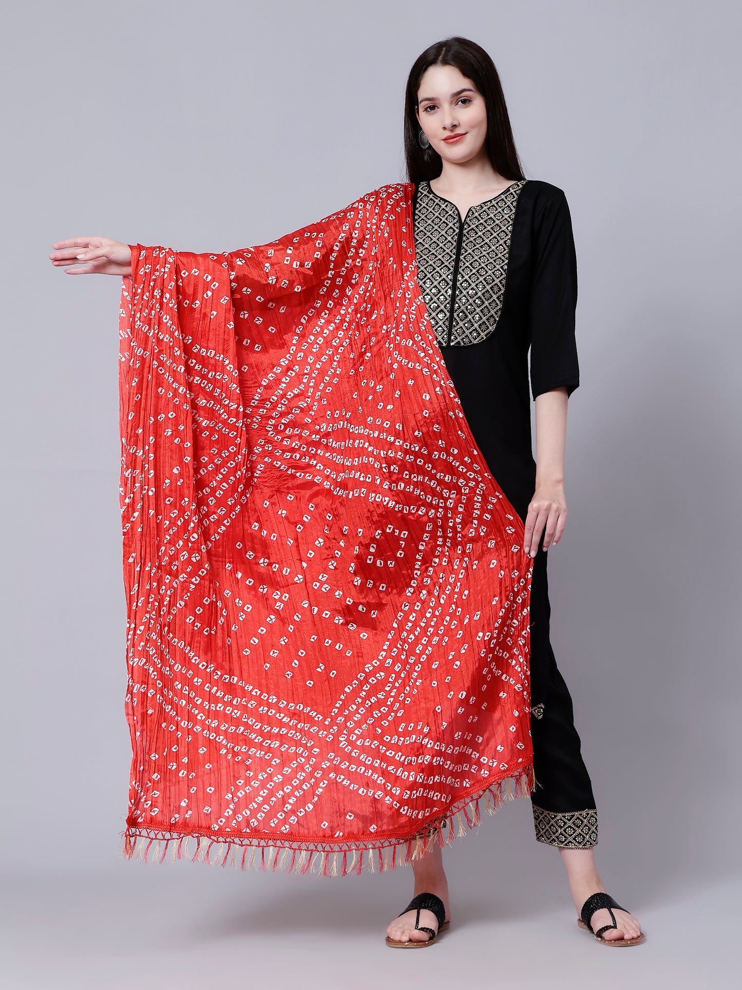 Jaipuri Red Bandhani Printed Dupatta with Tasseled Border