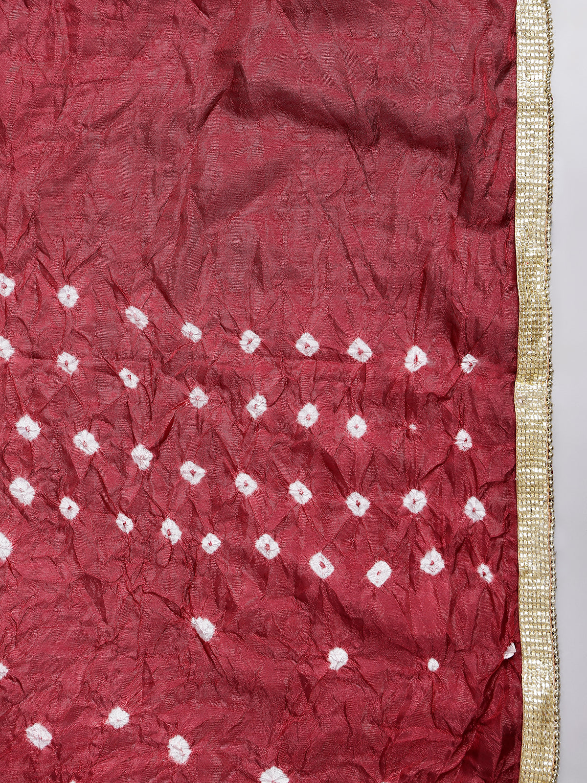 Jaipuri Chiffon Red Ethnic Bandhani Print Tie-Dye Dupatta with Golden Lace Border