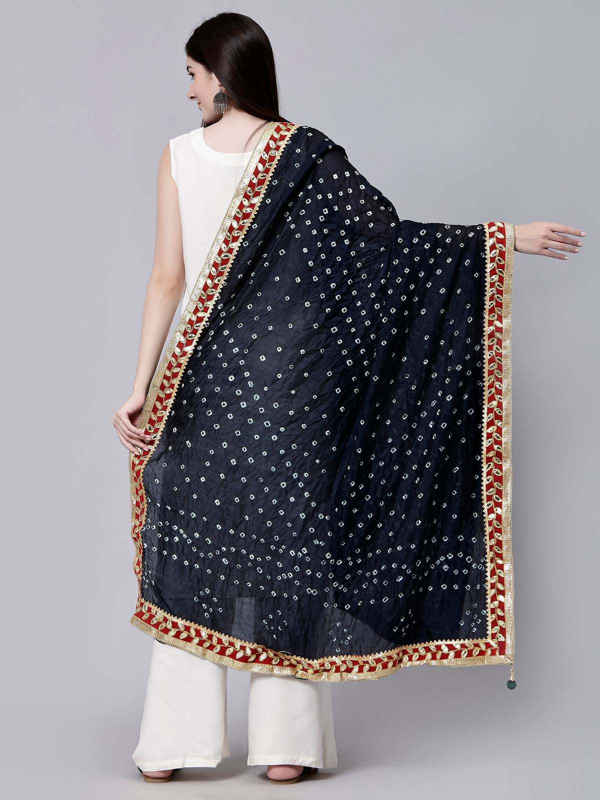 Black Jaipuri Bandhani Print Chiffon Tie-Dye Dupatta with Golden Gotta Lace Border