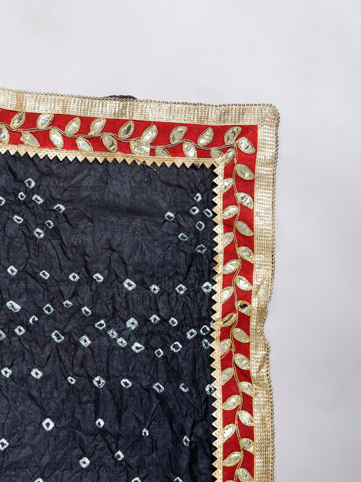 Black Jaipuri Bandhani Print Chiffon Tie-Dye Dupatta with Golden Gotta Lace Border