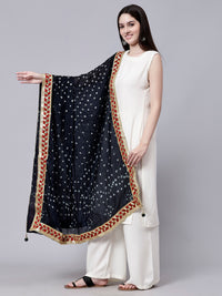 Black Jaipuri Bandhani Print Chiffon Tie-Dye Dupatta with Golden Gotta Lace Border