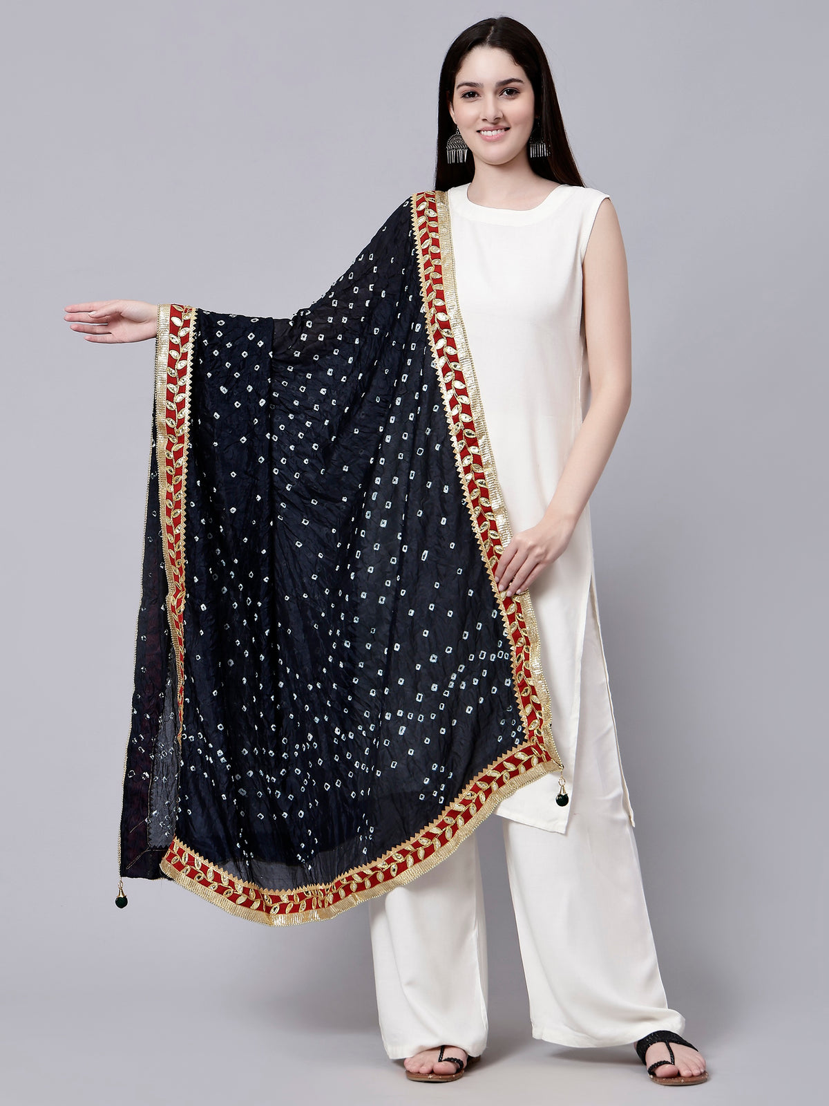 Black Jaipuri Bandhani Print Chiffon Tie-Dye Dupatta with Golden Gotta Lace Border