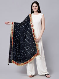 Black Jaipuri Bandhani Print Chiffon Tie-Dye Dupatta with Golden Gotta Lace Border
