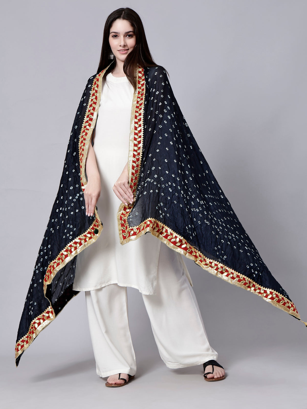 Black Jaipuri Bandhani Print Chiffon Tie-Dye Dupatta with Golden Gotta Lace Border