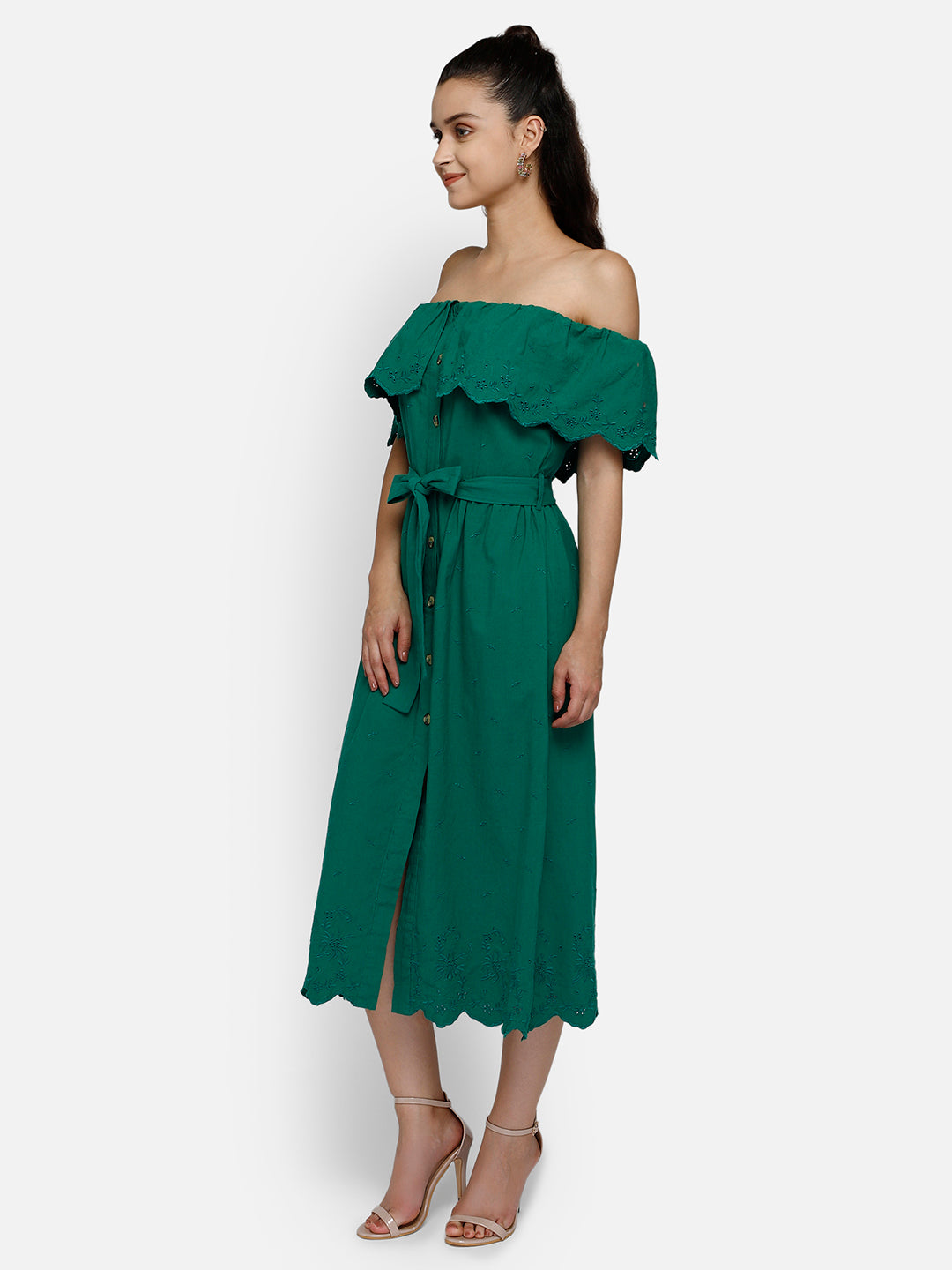 Green midi viscose bardot dress