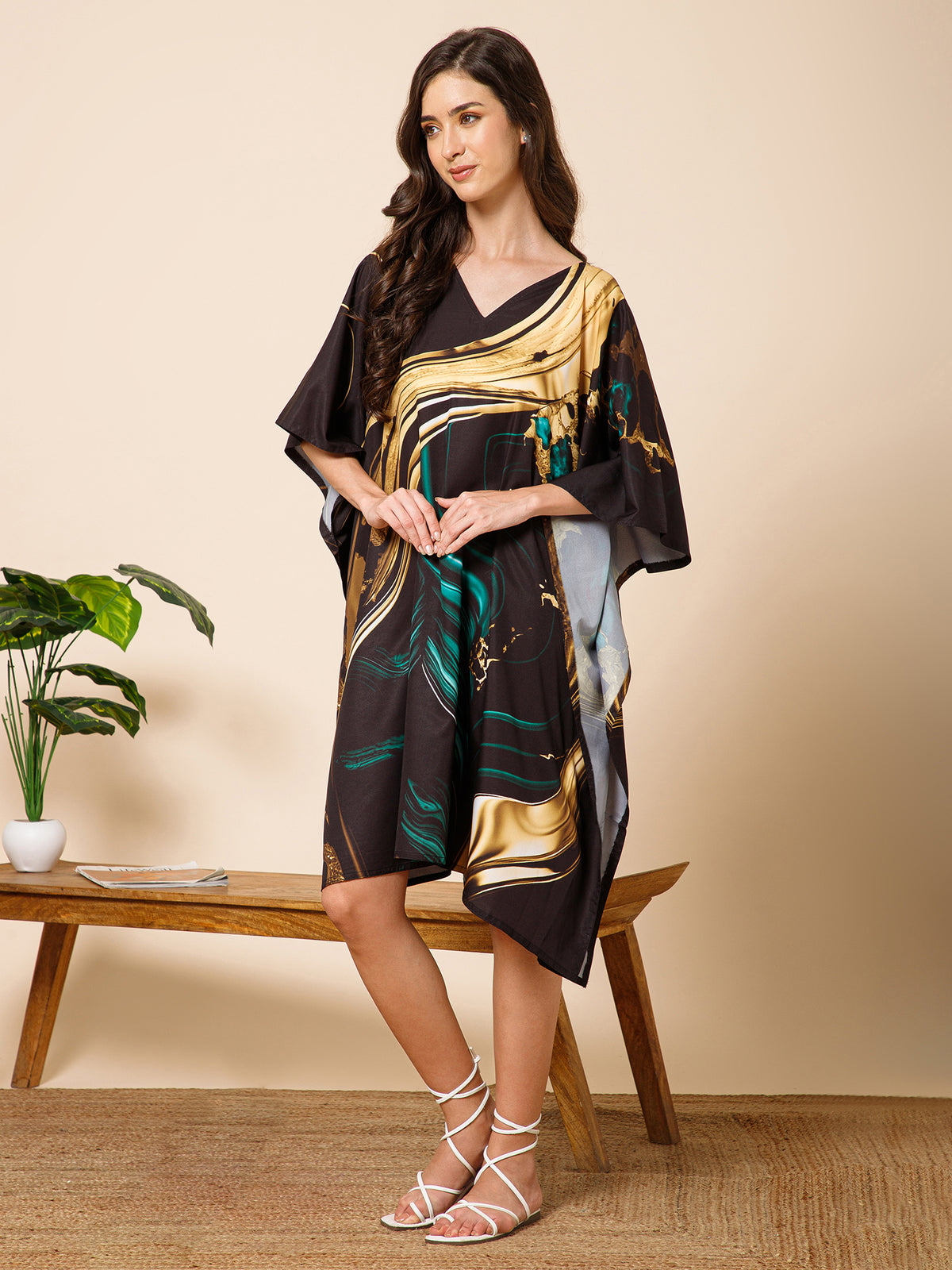Black Printed Poly Crepe Kaftan Dress