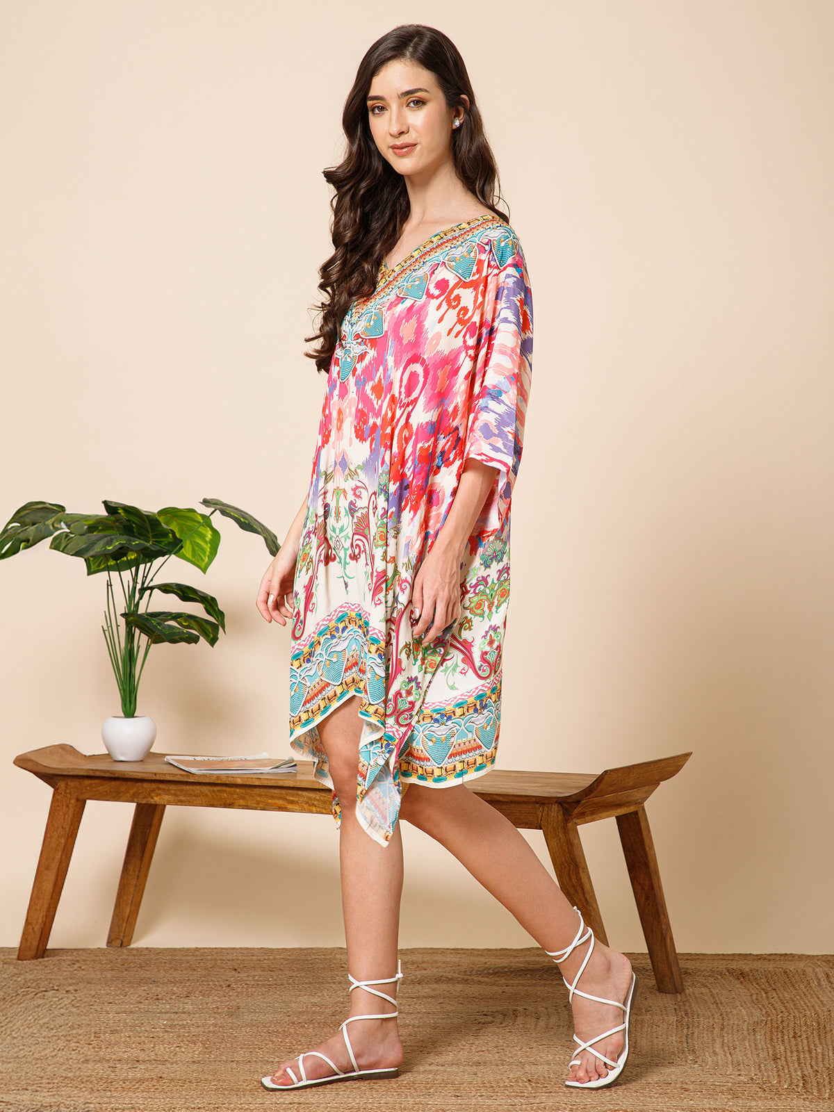Multicolor Printed Silk Kaftan Dress