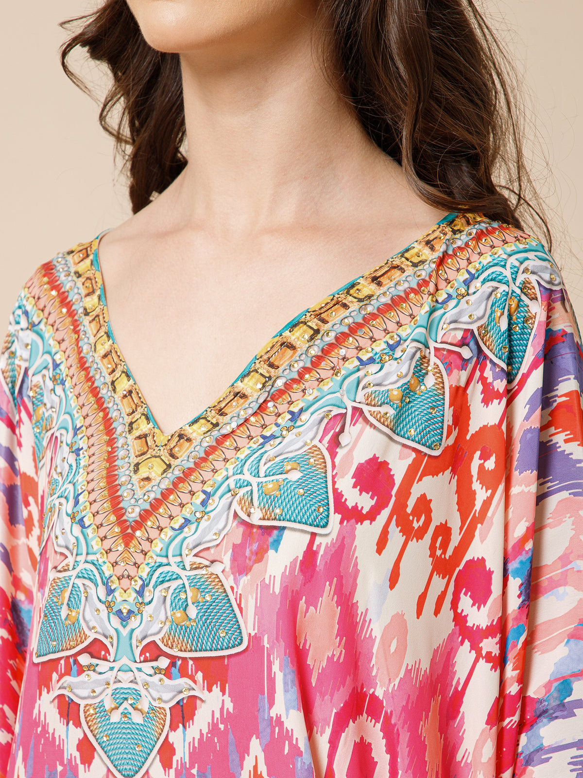 Multicolor Printed Silk Kaftan Dress