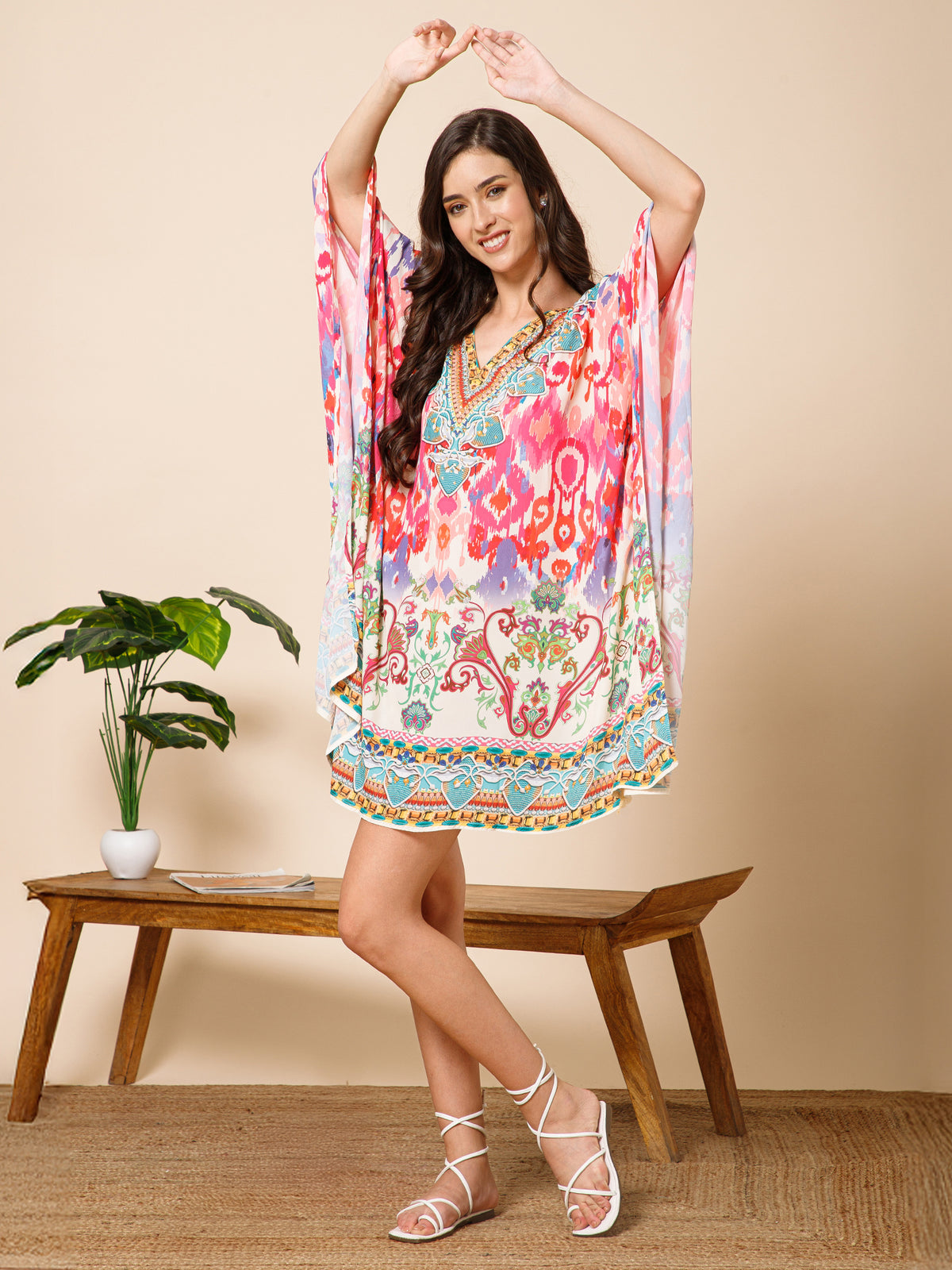 Multicolor Printed Silk Kaftan Dress