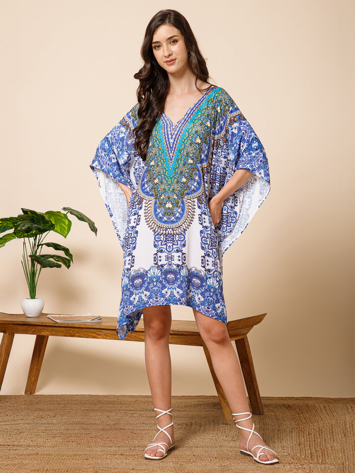 Blue White Printed Silk Kaftan Dress