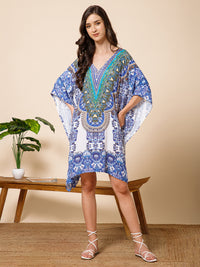 Blue White Printed Silk Kaftan Dress