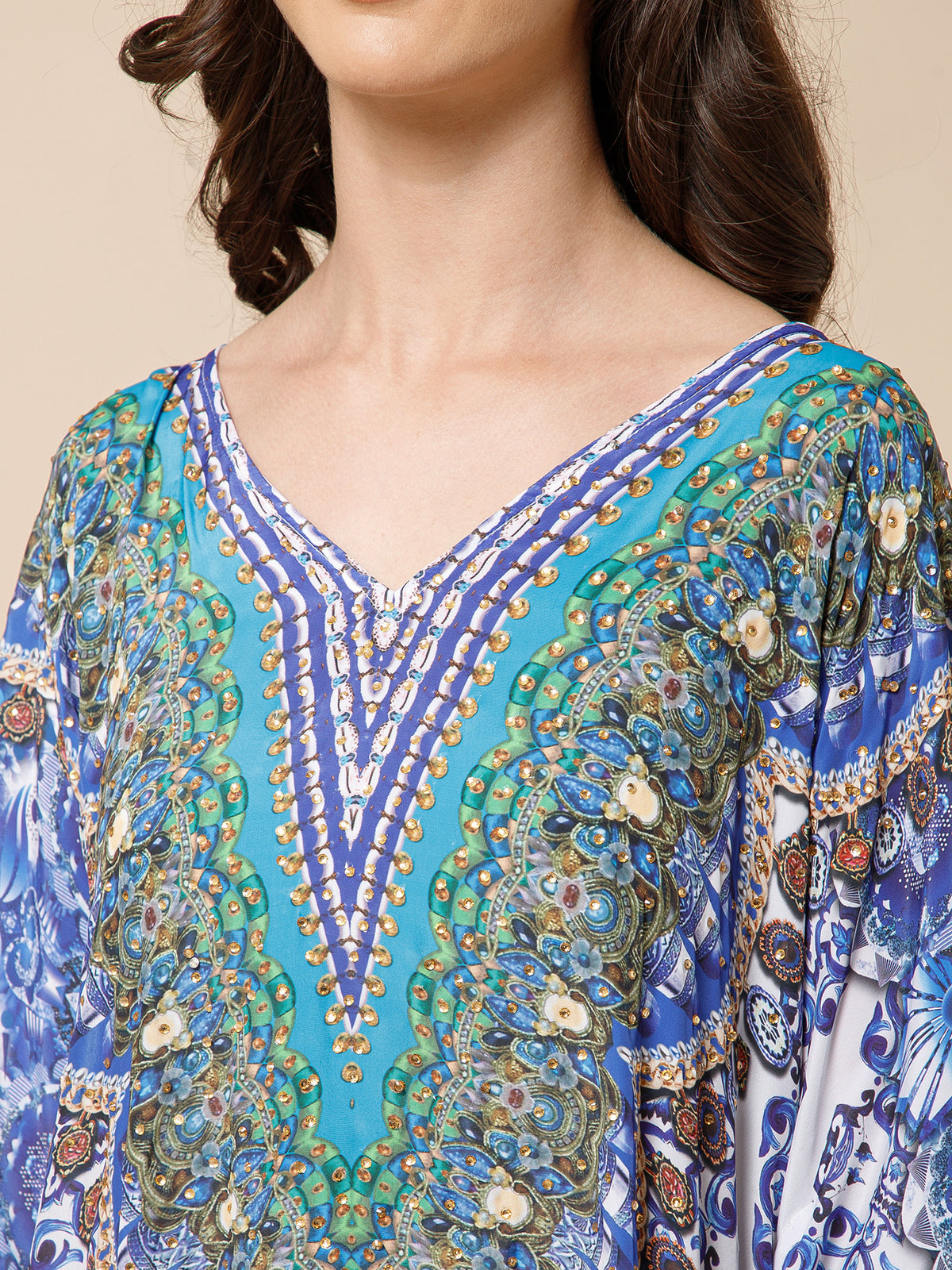 Blue White Printed Silk Kaftan Dress