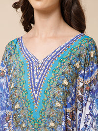 Blue White Printed Silk Kaftan Dress