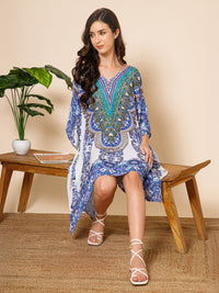 Blue White Printed Silk Kaftan Dress