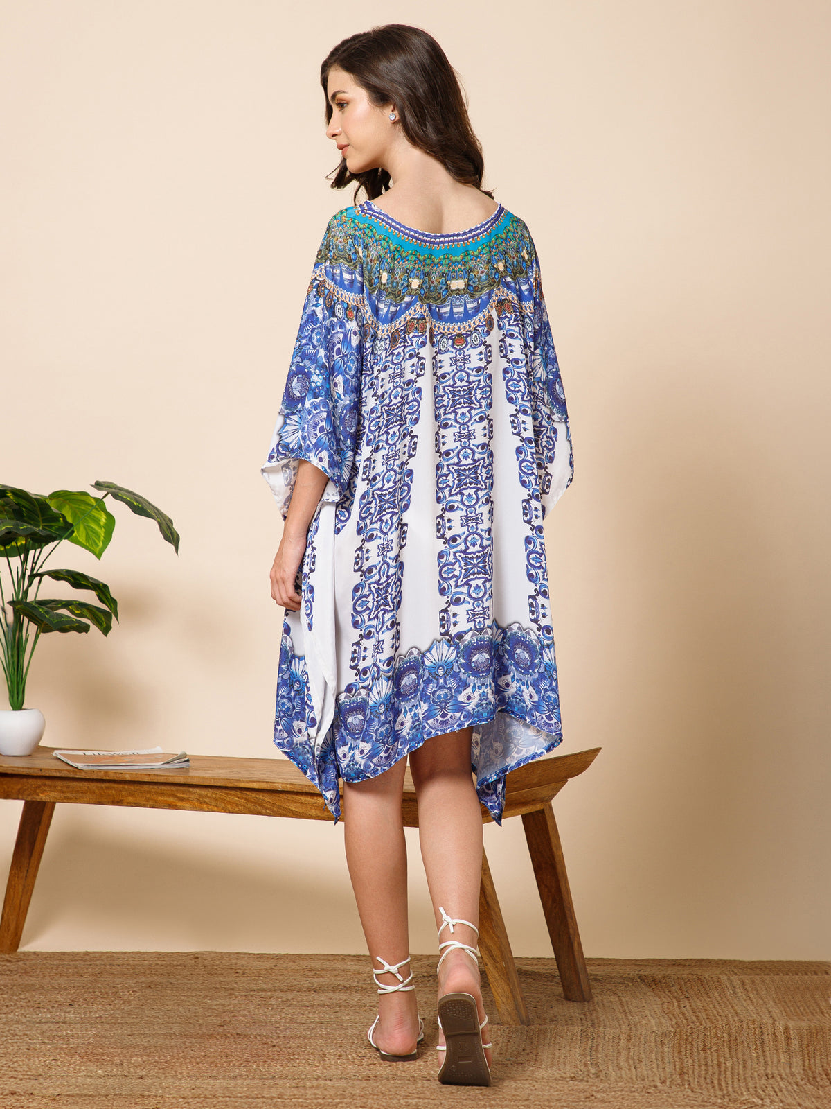 Blue White Printed Silk Kaftan Dress