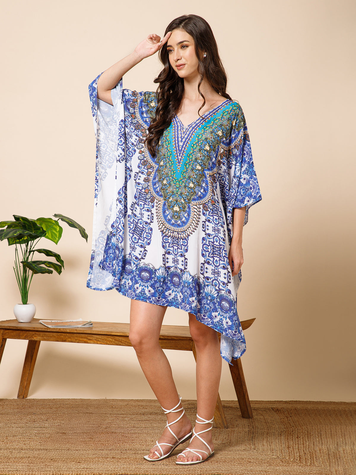 Blue White Printed Silk Kaftan Dress