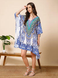Blue White Printed Silk Kaftan Dress