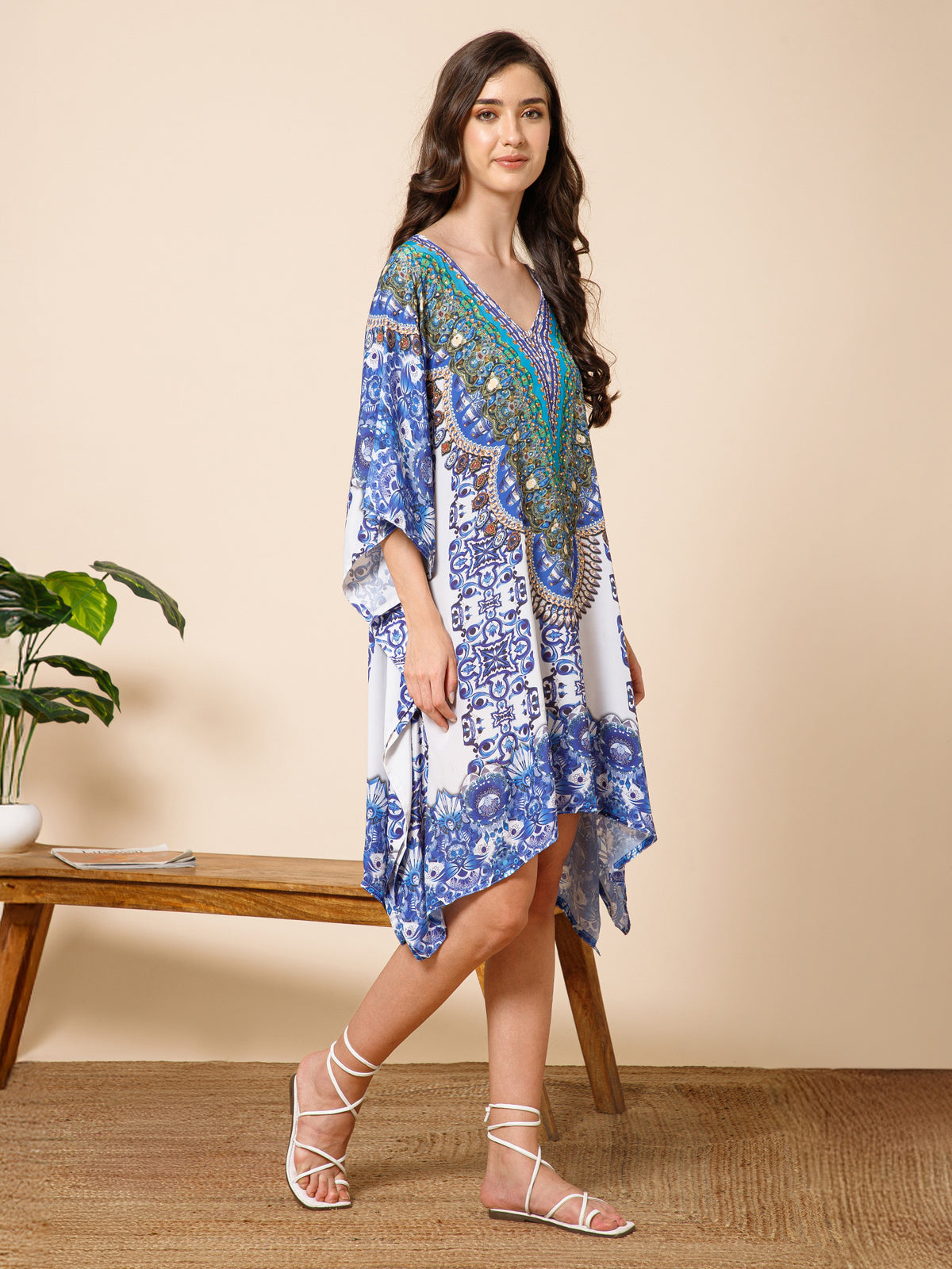 Blue White Printed Silk Kaftan Dress