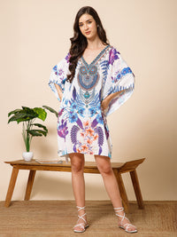 White Blue Printed Silk Kaftan Dress