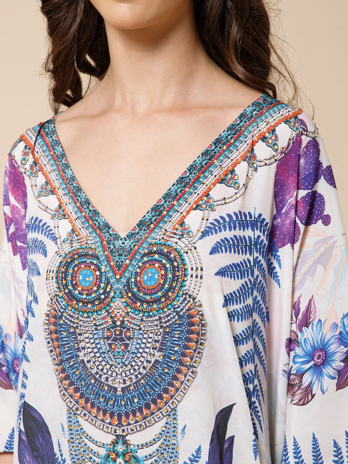 White Blue Printed Silk Kaftan Dress
