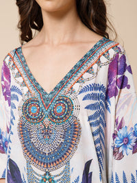 White Blue Printed Silk Kaftan Dress