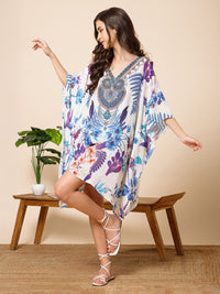 White Blue Printed Silk Kaftan Dress