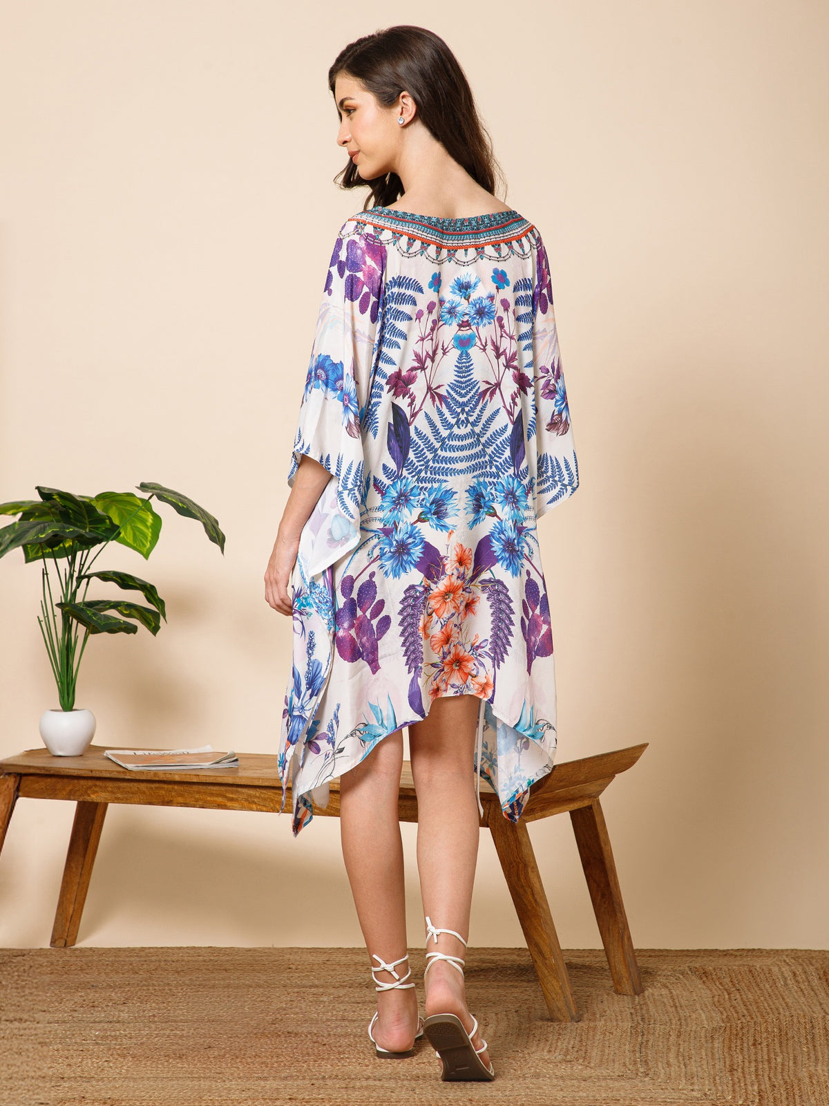 White Blue Printed Silk Kaftan Dress