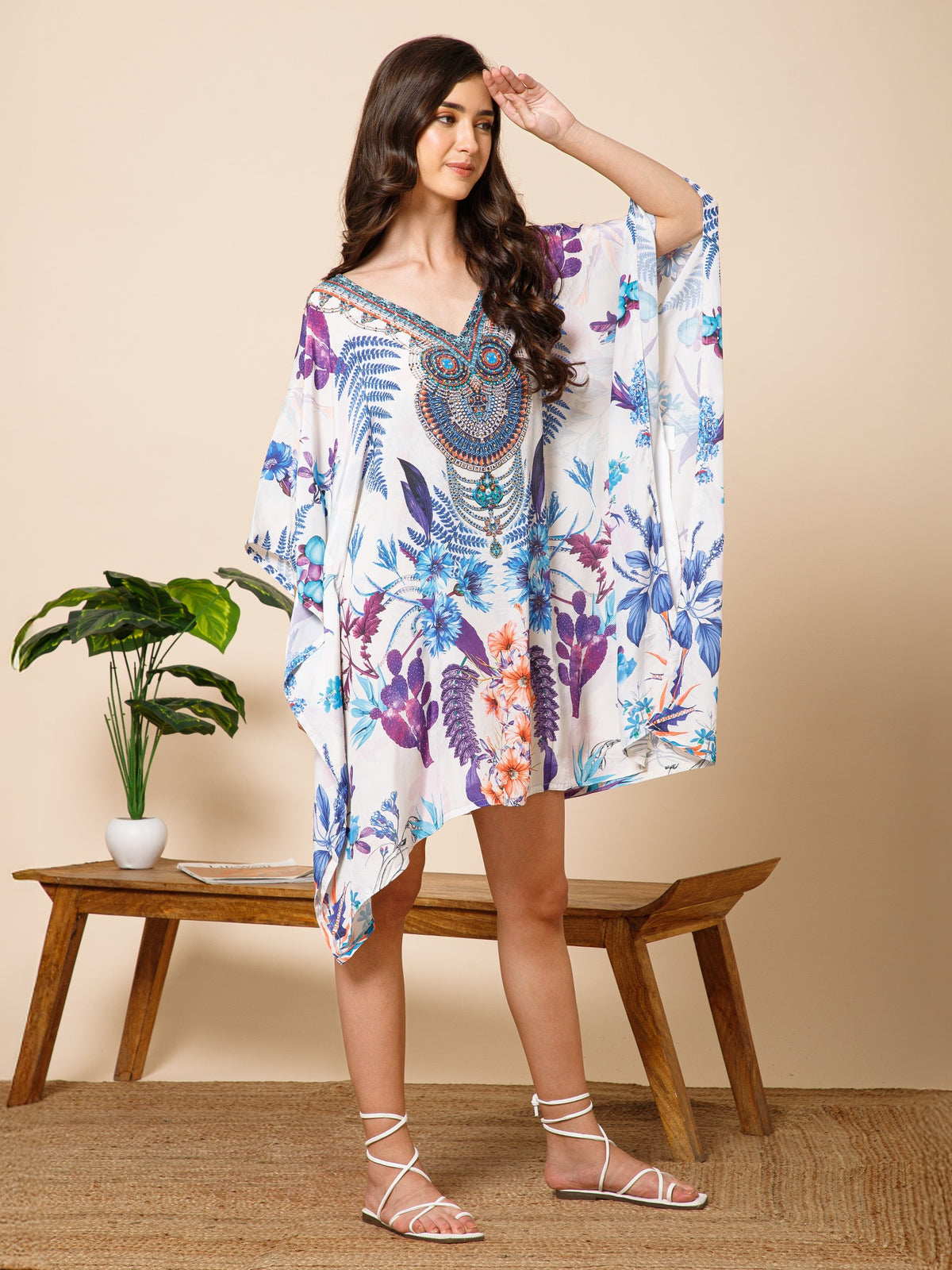 White Blue Printed Silk Kaftan Dress