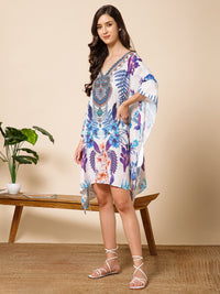 White Blue Printed Silk Kaftan Dress