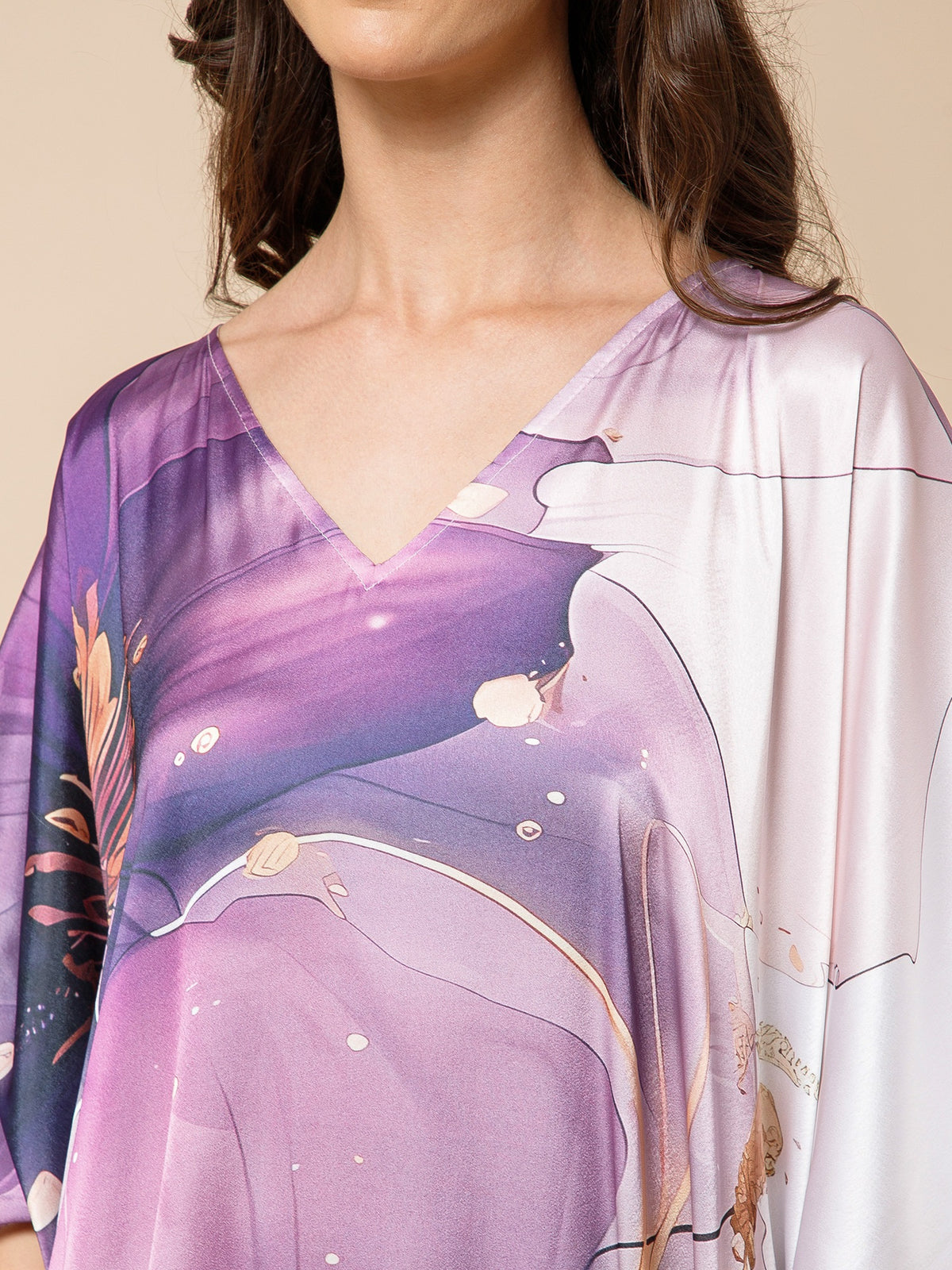 Purple Printed Satin Silk Kaftan Maxi Dress