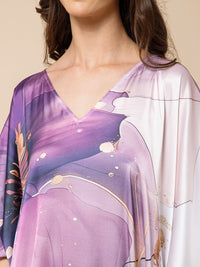 Purple Printed Satin Silk Kaftan Maxi Dress