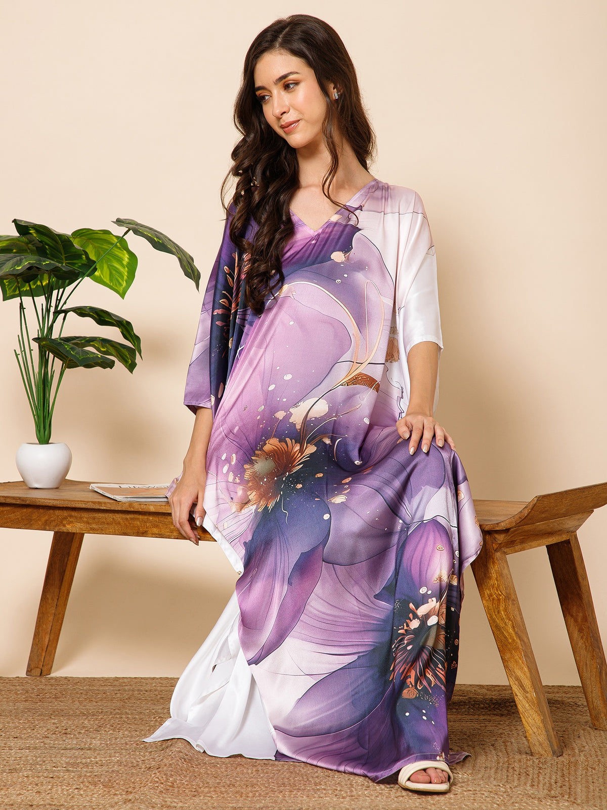 Purple Printed Satin Silk Kaftan Maxi Dress