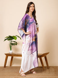 Purple Printed Satin Silk Kaftan Maxi Dress