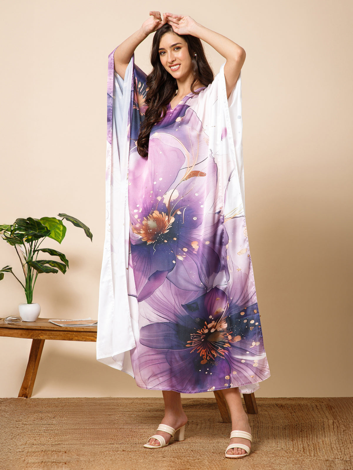 Purple Printed Satin Silk Kaftan Maxi Dress