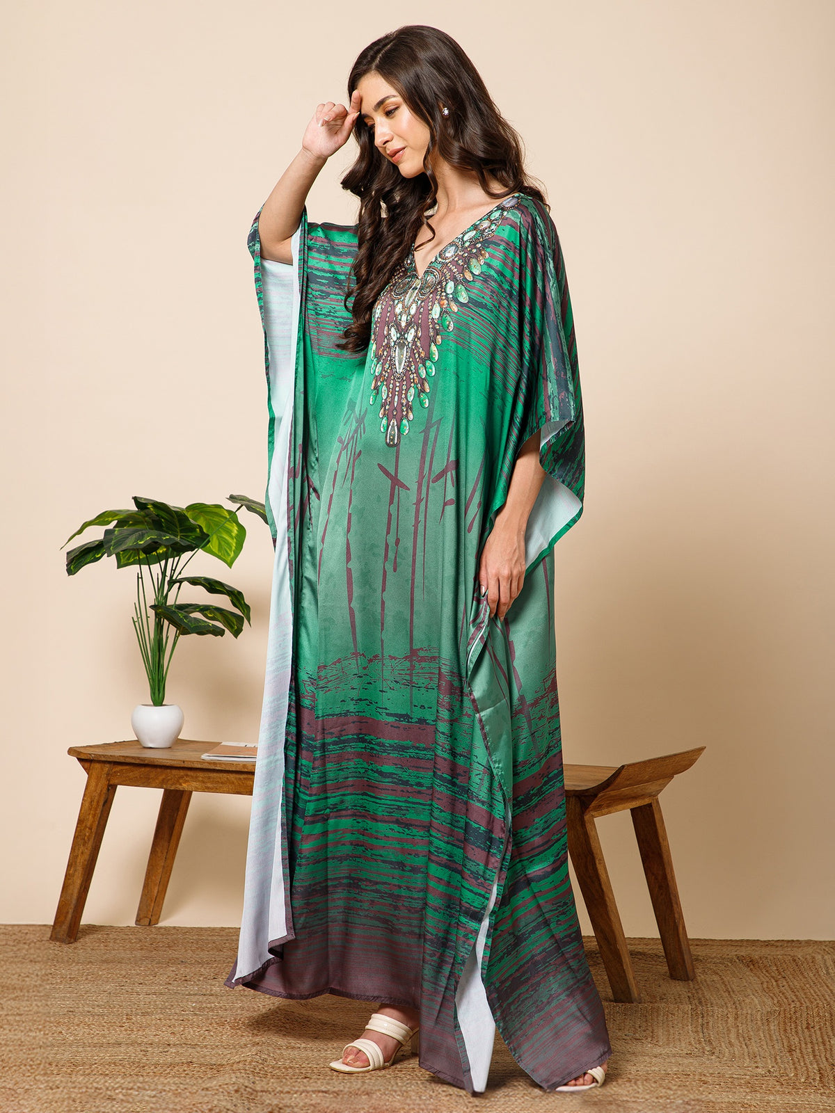 Green Printed Satin Silk Kaftan Maxi Dress