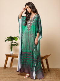 Green Printed Satin Silk Kaftan Maxi Dress