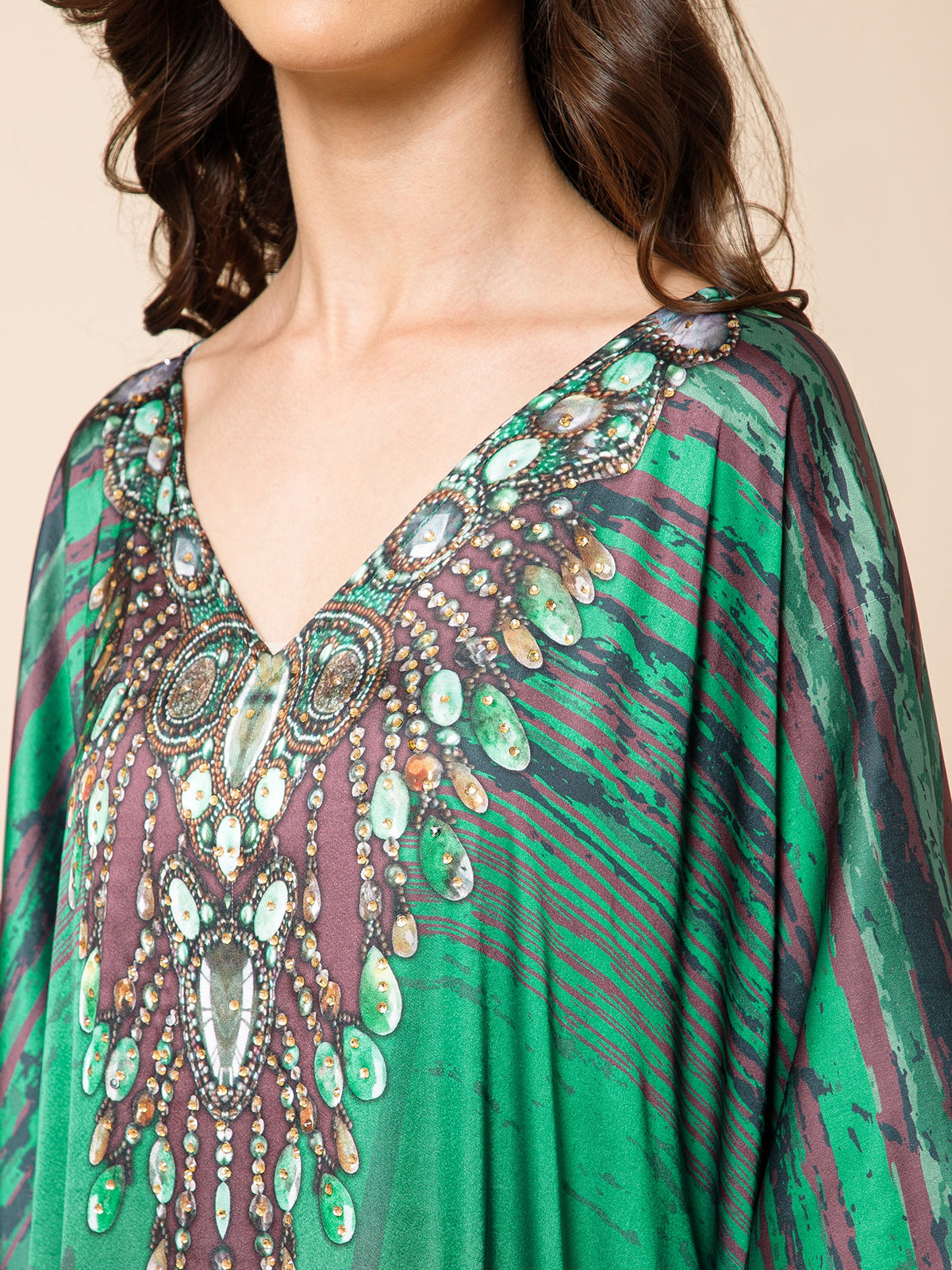 Green Printed Satin Silk Kaftan Maxi Dress