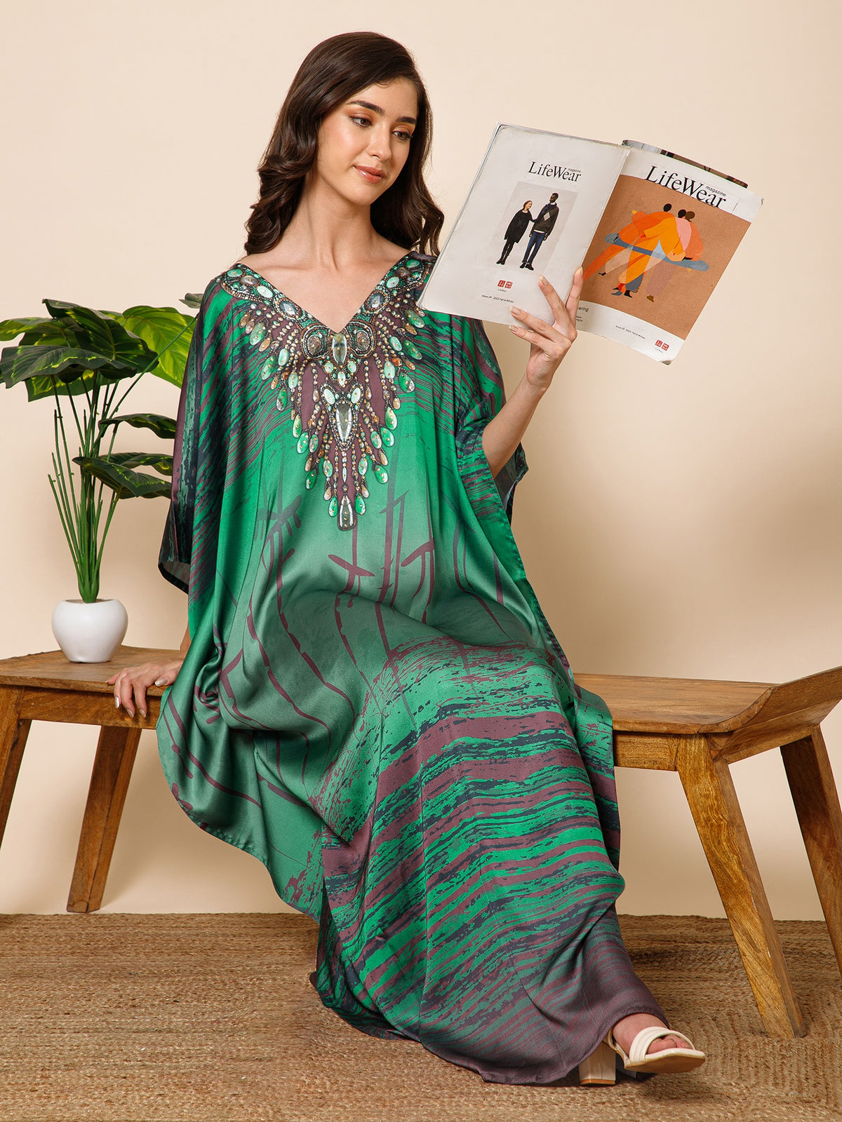 Green Printed Satin Silk Kaftan Maxi Dress