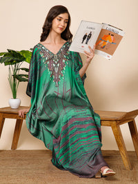 Green Printed Satin Silk Kaftan Maxi Dress