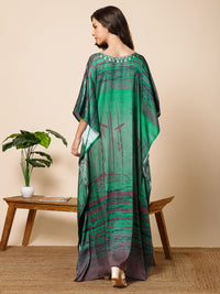 Green Printed Satin Silk Kaftan Maxi Dress