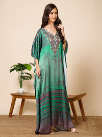 Green Printed Satin Silk Kaftan Maxi Dress